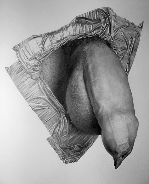 An artistic image using duct tape and a greyscale photograph; the shape implies a penis.