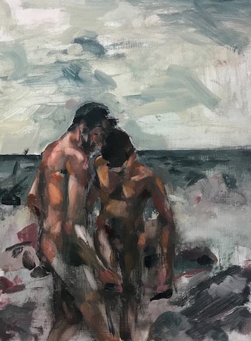 A painting of two black men at the coast. They appear to be embracing, or facing one another.