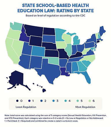 An infographic titled 'State School-Based Health Education Law: Rating By State'.