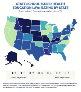 map displaying sex-ed curriculum ratings by state