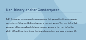 Non-binary and genderqueer: Terms used by people who experience their gender identity outside of the categories of men and women.