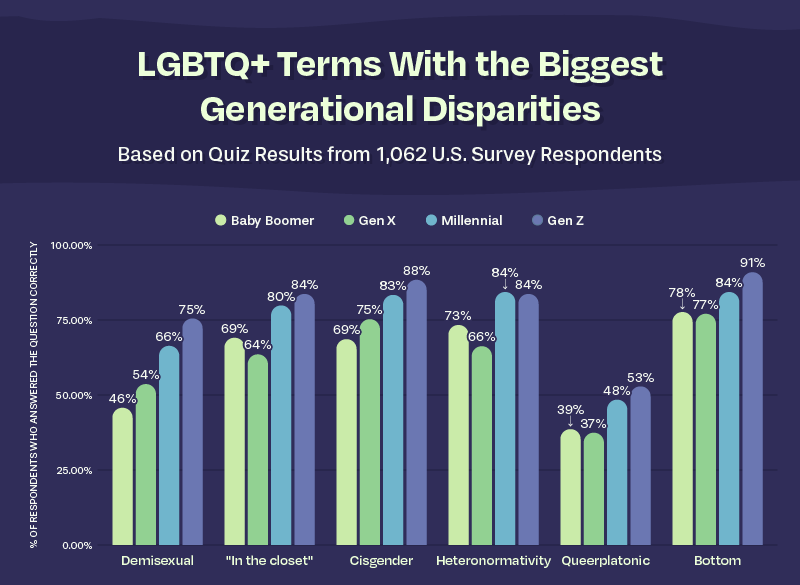 bar chart on LGBTQ+ terms with the biggest generational disparities.